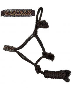 Showman Woven brown nylon mule tape halter with beaded cheetah noseband
